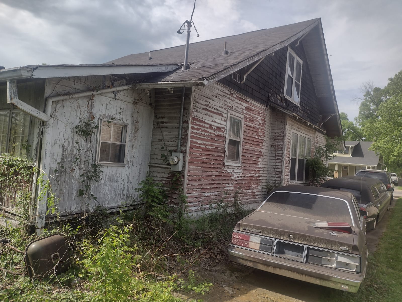 Before shot — severely deteriorated house exterior with peeling paint