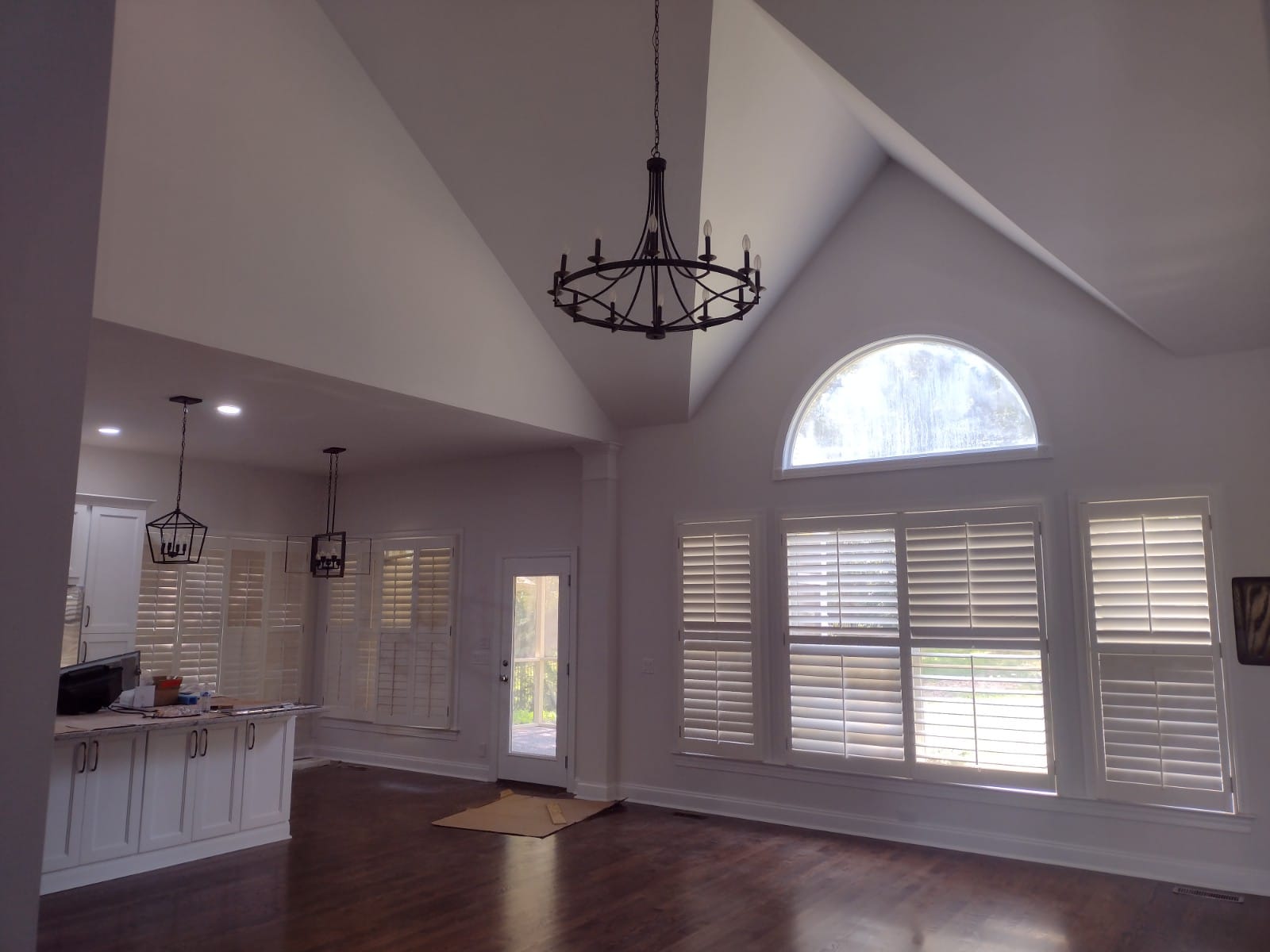 Finished whole home interior painting — vaulted ceiling, chandelier, plantation shutters