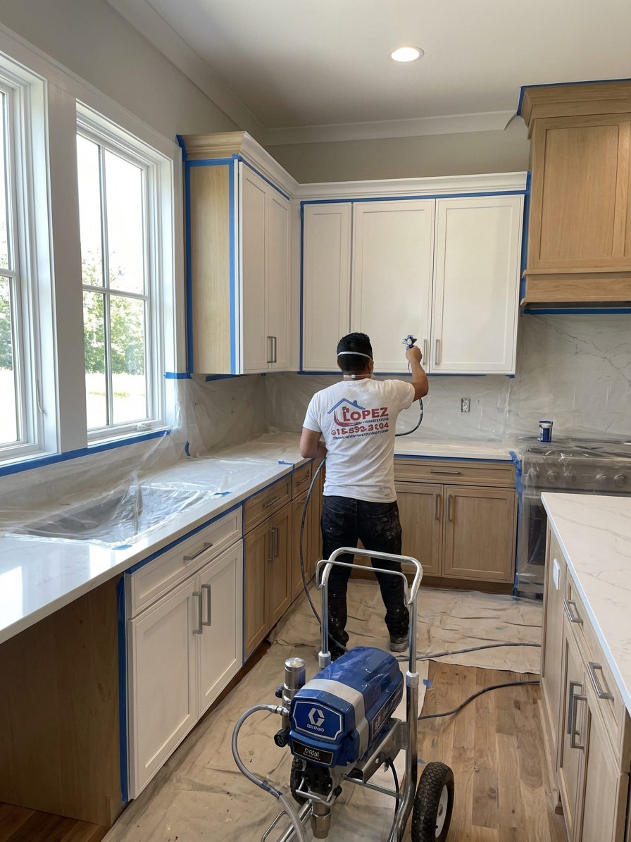 Lopez Painting worker spray-painting kitchen cabinets with blue tape masking