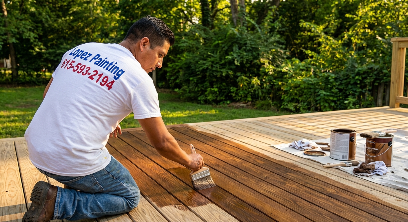 Lopez Painting worker hand-staining a backyard deck