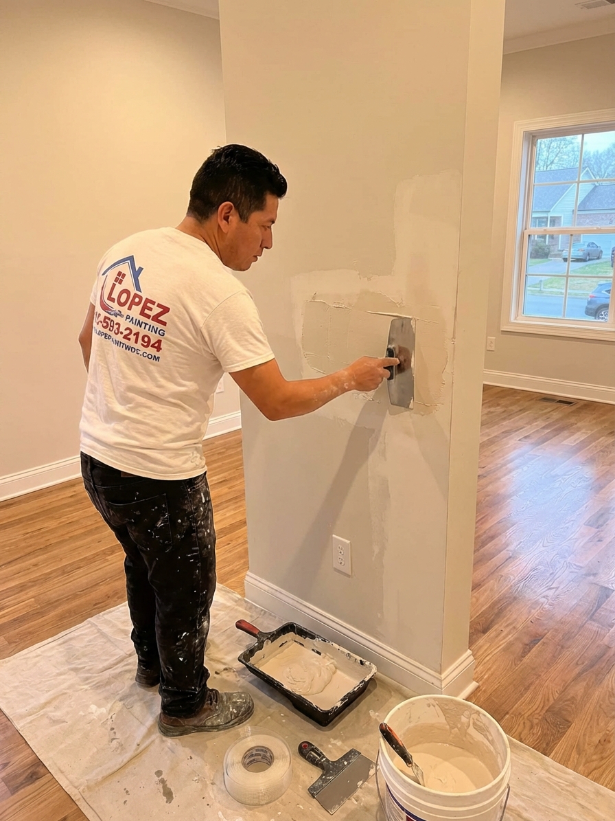 Lopez Painting worker applying drywall compound for seamless wall repair