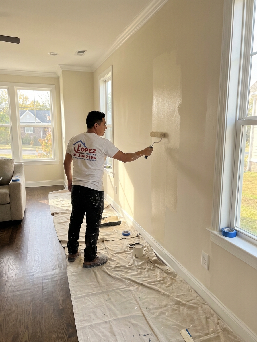 Lopez Painting worker rolling fresh paint on interior walls