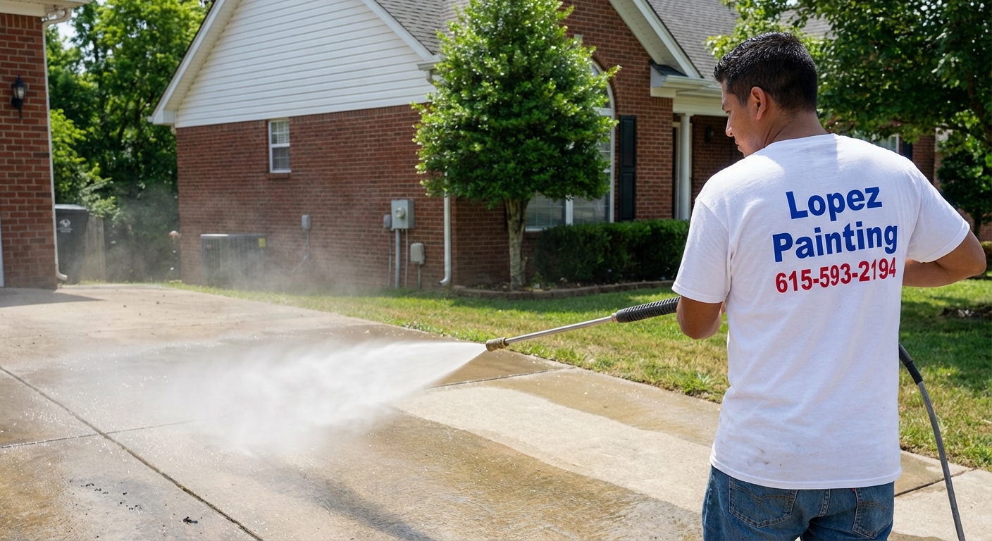 Lopez Painting worker pressure washing a Nashville driveway
