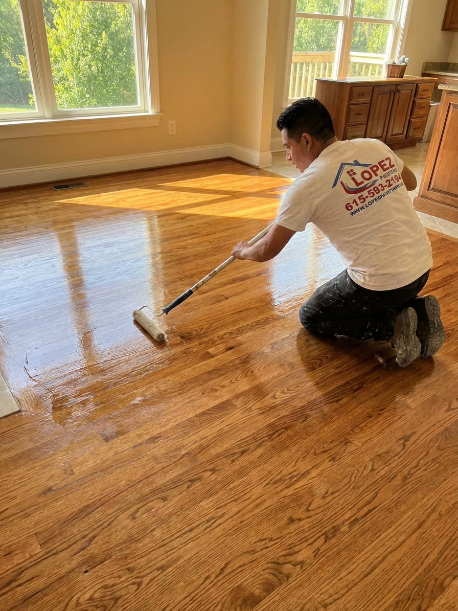 Lopez Painting worker applying varnish to hardwood floors