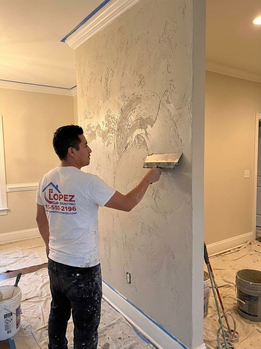Worker applying knockdown texture to interior wall with trowel
